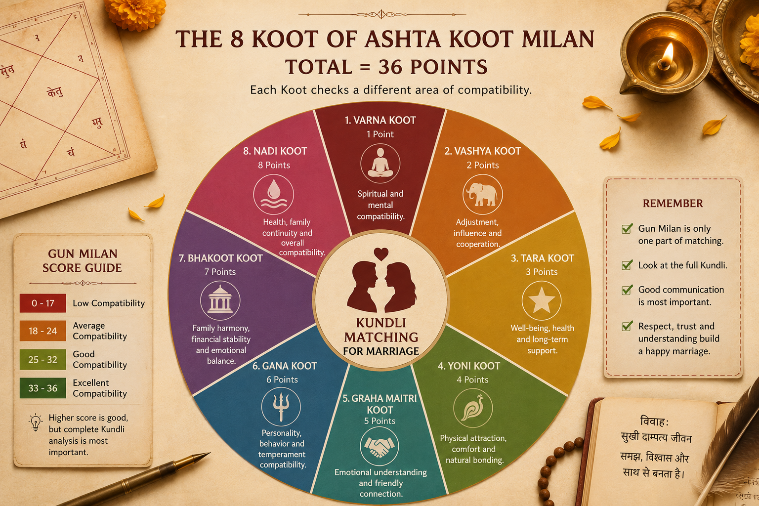 Ashta Koot Milan wheel showing the eight compatibility factors and the 36 Gun matching system used in traditional Kundli Matching